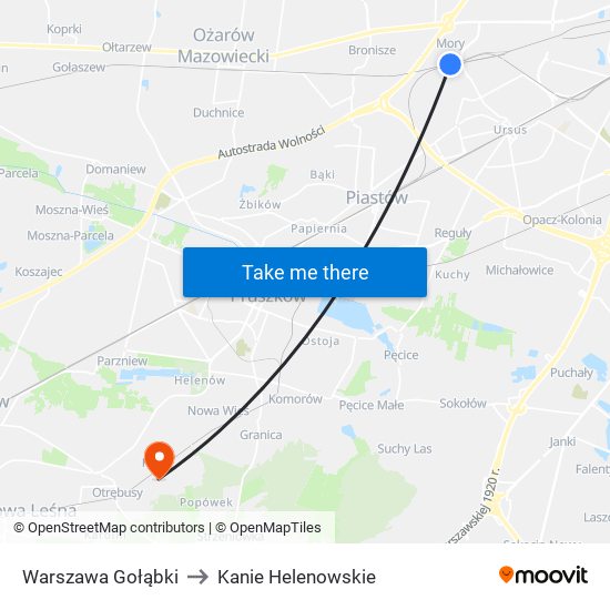 Warszawa Gołąbki to Kanie Helenowskie map