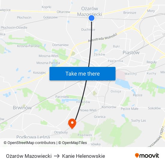 Ożarów Mazowiecki to Kanie Helenowskie map