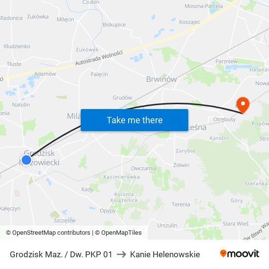 Grodzisk Maz. / Dw. PKP 01 to Kanie Helenowskie map