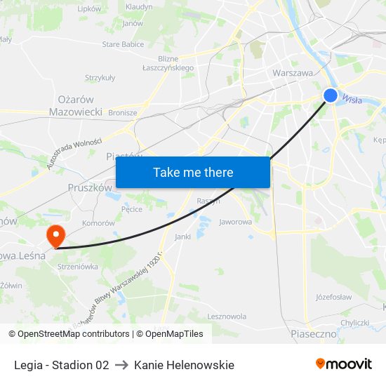 Legia-Stadion to Kanie Helenowskie map