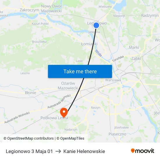 Legionowo 3 Maja to Kanie Helenowskie map