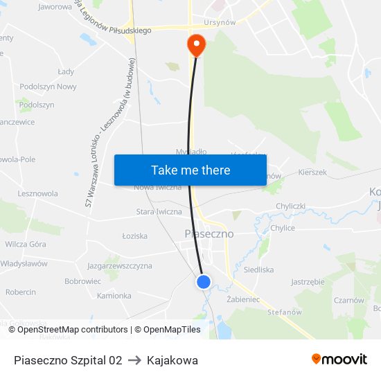 Piaseczno Szpital to Kajakowa map