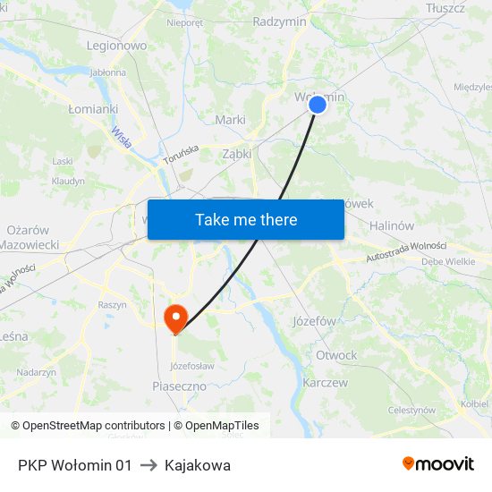 PKP Wołomin 01 to Kajakowa map