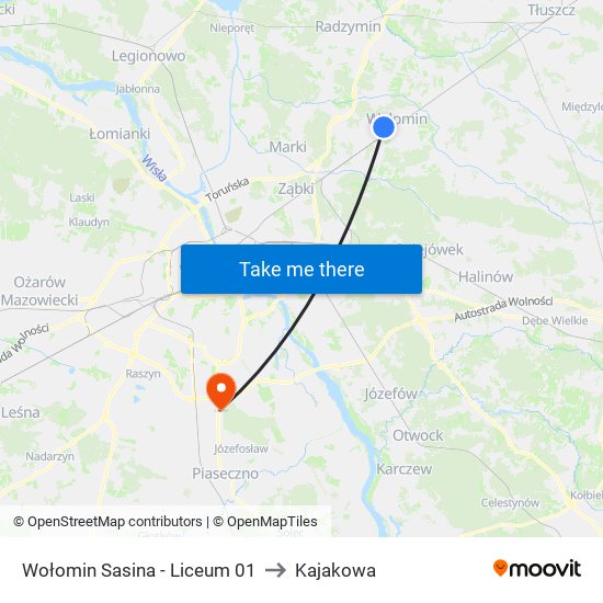 Wołomin Sasina-Liceum to Kajakowa map