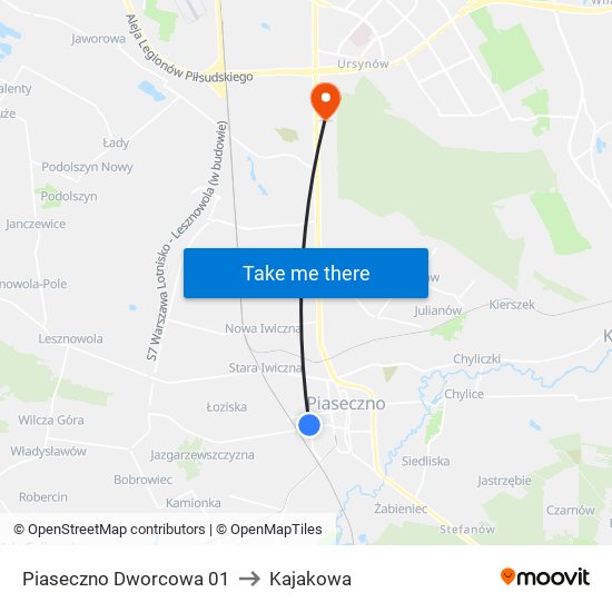 Piaseczno Dworcowa to Kajakowa map