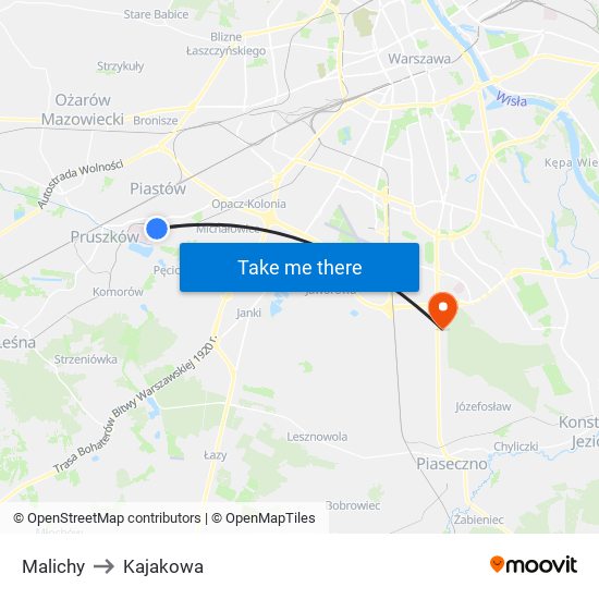 Malichy to Kajakowa map