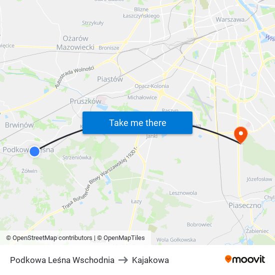 Podkowa Leśna Wschodnia to Kajakowa map