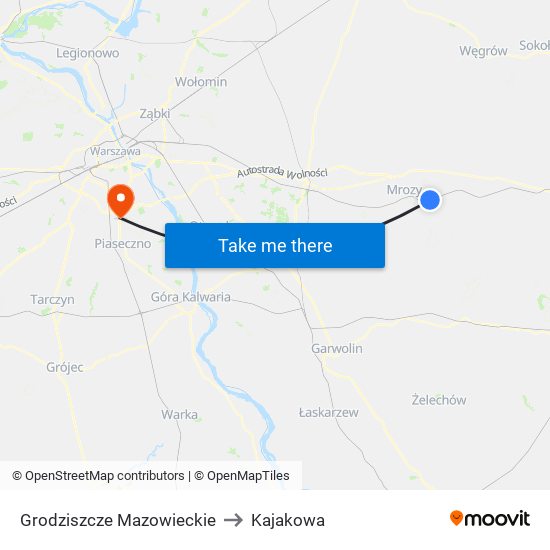 Grodziszcze Mazowieckie to Kajakowa map