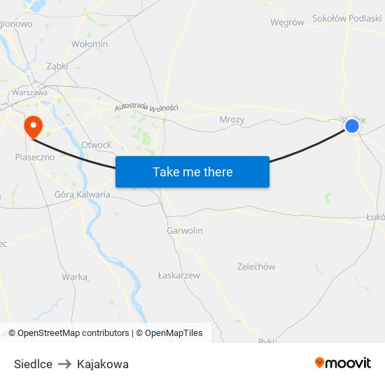 Siedlce to Kajakowa map