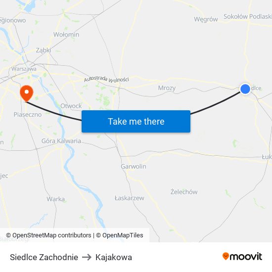 Siedlce Zachodnie to Kajakowa map