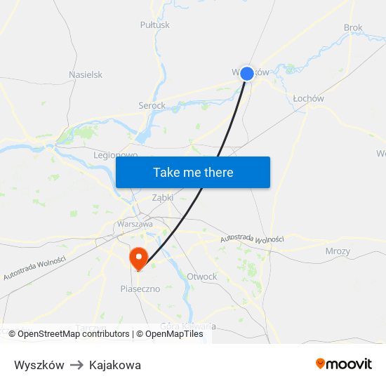 Wyszków to Kajakowa map