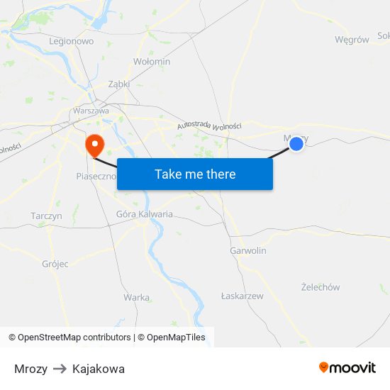 Mrozy to Kajakowa map