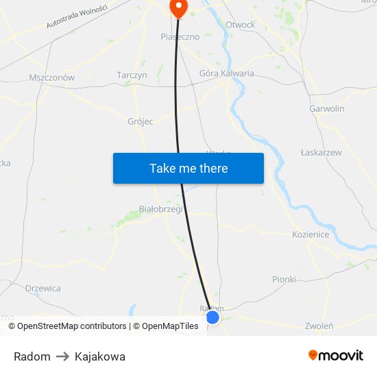 Radom to Kajakowa map