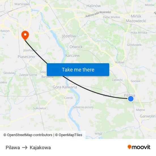 Pilawa to Kajakowa map