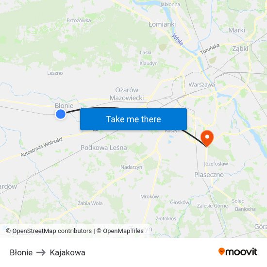 Błonie to Kajakowa map