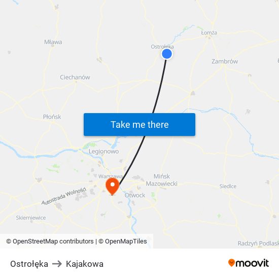 Ostrołęka to Kajakowa map