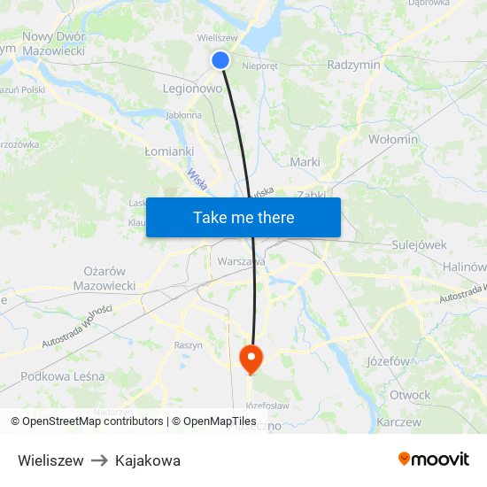 Wieliszew to Kajakowa map