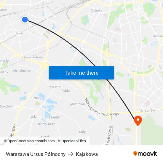 Warszawa Ursus Północny to Kajakowa map