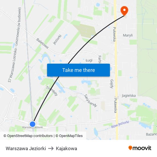 Warszawa Jeziorki to Kajakowa map