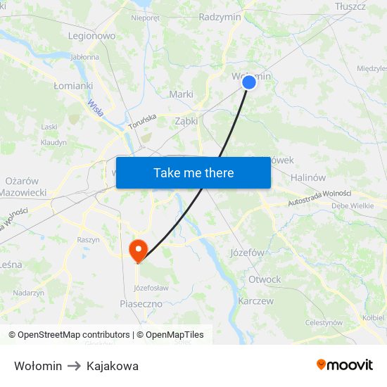 Wołomin to Kajakowa map