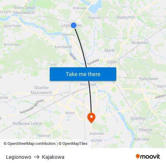 Legionowo to Kajakowa map