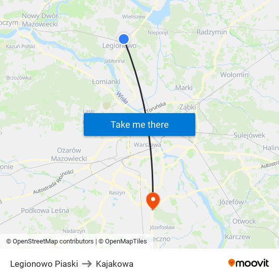 Legionowo Piaski to Kajakowa map