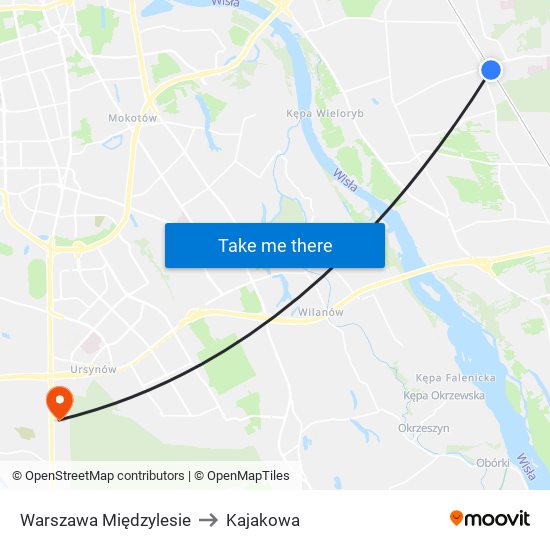 Warszawa Międzylesie to Kajakowa map