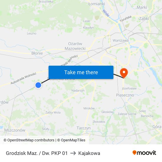 Grodzisk Maz. / Dw. PKP to Kajakowa map