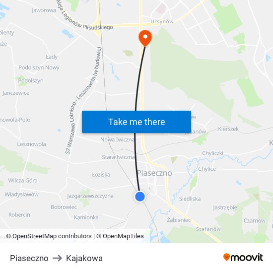 Piaseczno to Kajakowa map