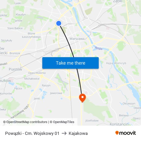 Powązki - Cm. Wojskowy 01 to Kajakowa map