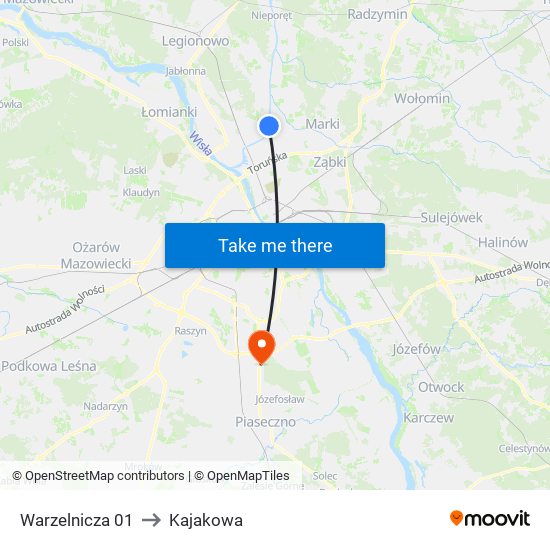 Warzelnicza to Kajakowa map