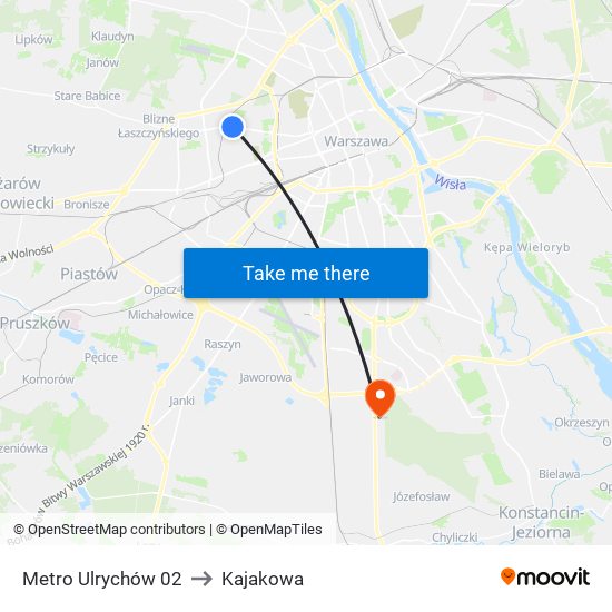 Metro Ulrychów to Kajakowa map