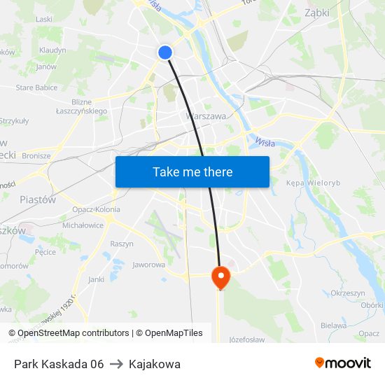 Park Kaskada to Kajakowa map