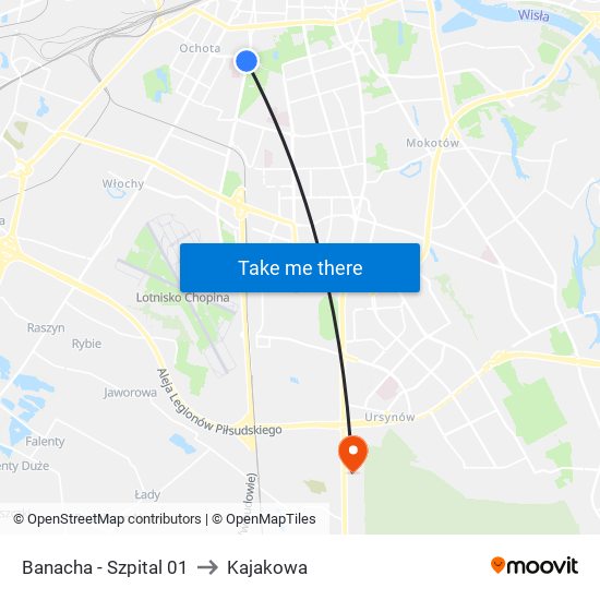 Banacha - Szpital 01 to Kajakowa map