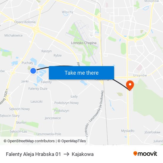 Falenty Aleja Hrabska 01 to Kajakowa map