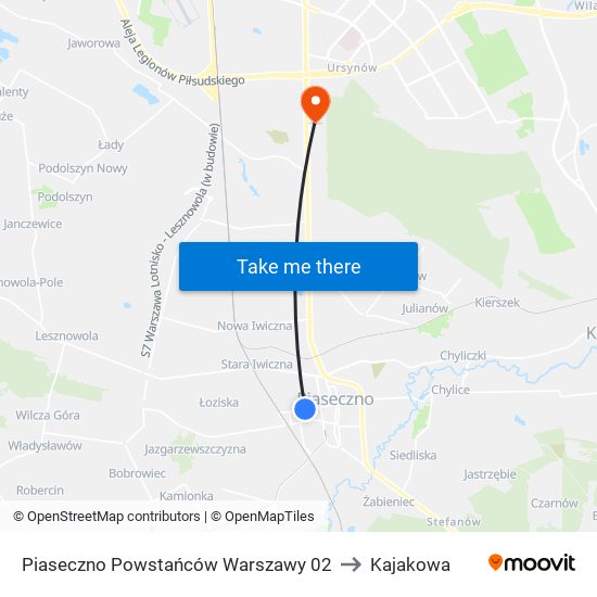 Piaseczno Powstańców Warszawy to Kajakowa map