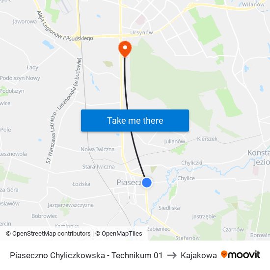 Piaseczno Chyliczkowska - Technikum 01 to Kajakowa map