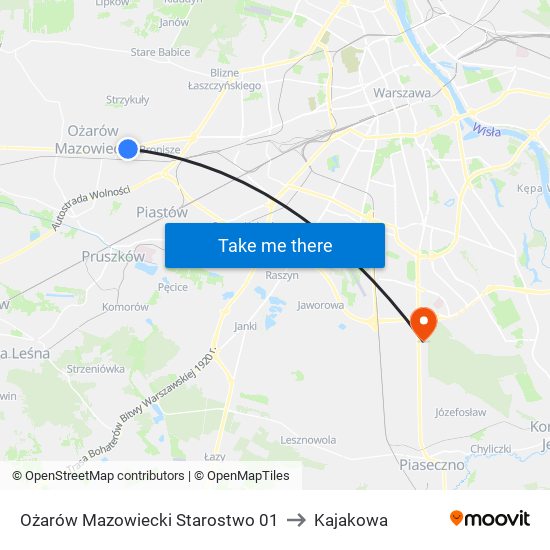 Ożarów Mazowiecki Starostwo to Kajakowa map