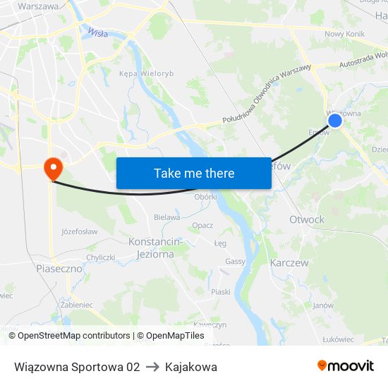 Wiązowna Sportowa to Kajakowa map