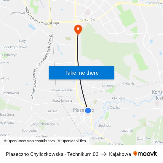 Piaseczno Chyliczkowska-Technikum to Kajakowa map