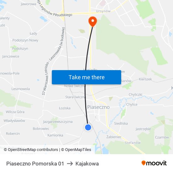 Piaseczno Pomorska 01 to Kajakowa map