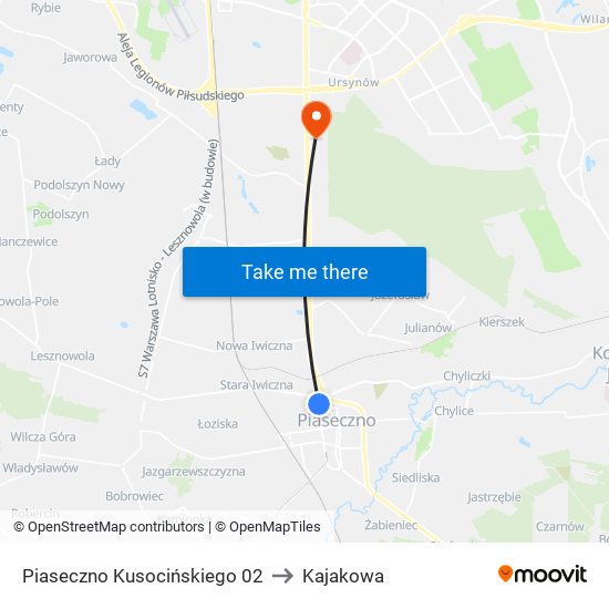 Piaseczno Kusocińskiego 02 to Kajakowa map