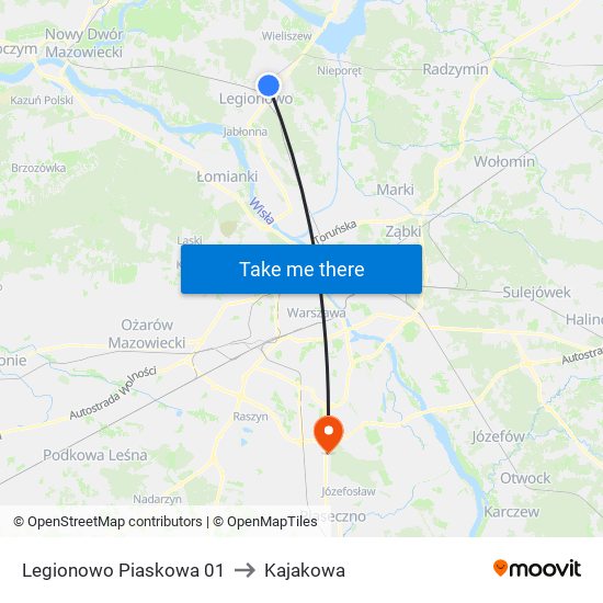 Legionowo Piaskowa 01 to Kajakowa map