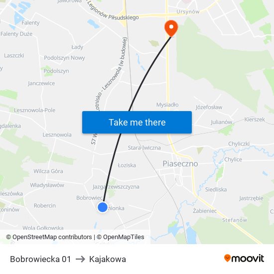 Bobrowiecka 01 to Kajakowa map