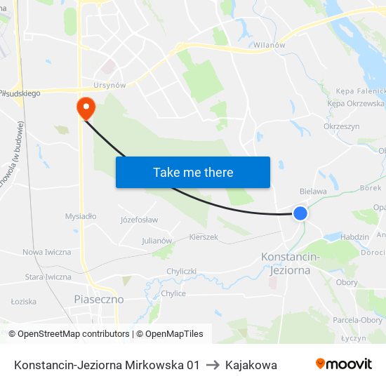 Konstancin-Jeziorna Mirkowska 01 to Kajakowa map