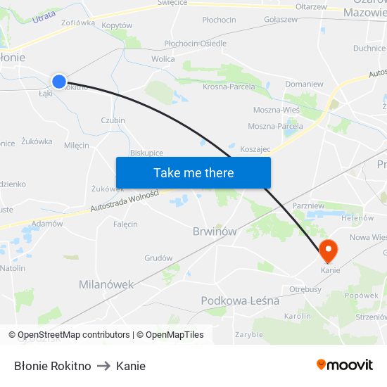 Błonie Rokitno to Kanie map