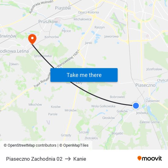 Piaseczno Zachodnia 02 to Kanie map