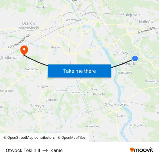 Otwock Teklin II to Kanie map