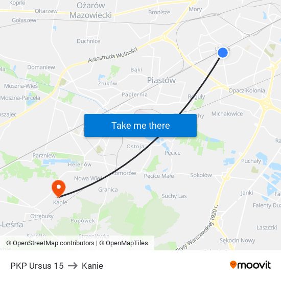 PKP Ursus 15 to Kanie map