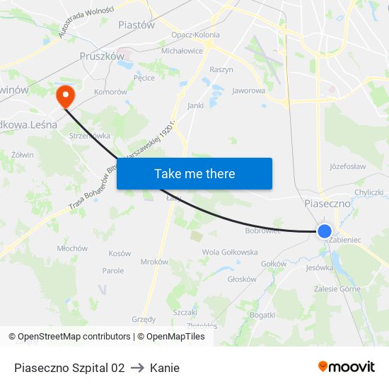 Piaseczno Szpital to Kanie map